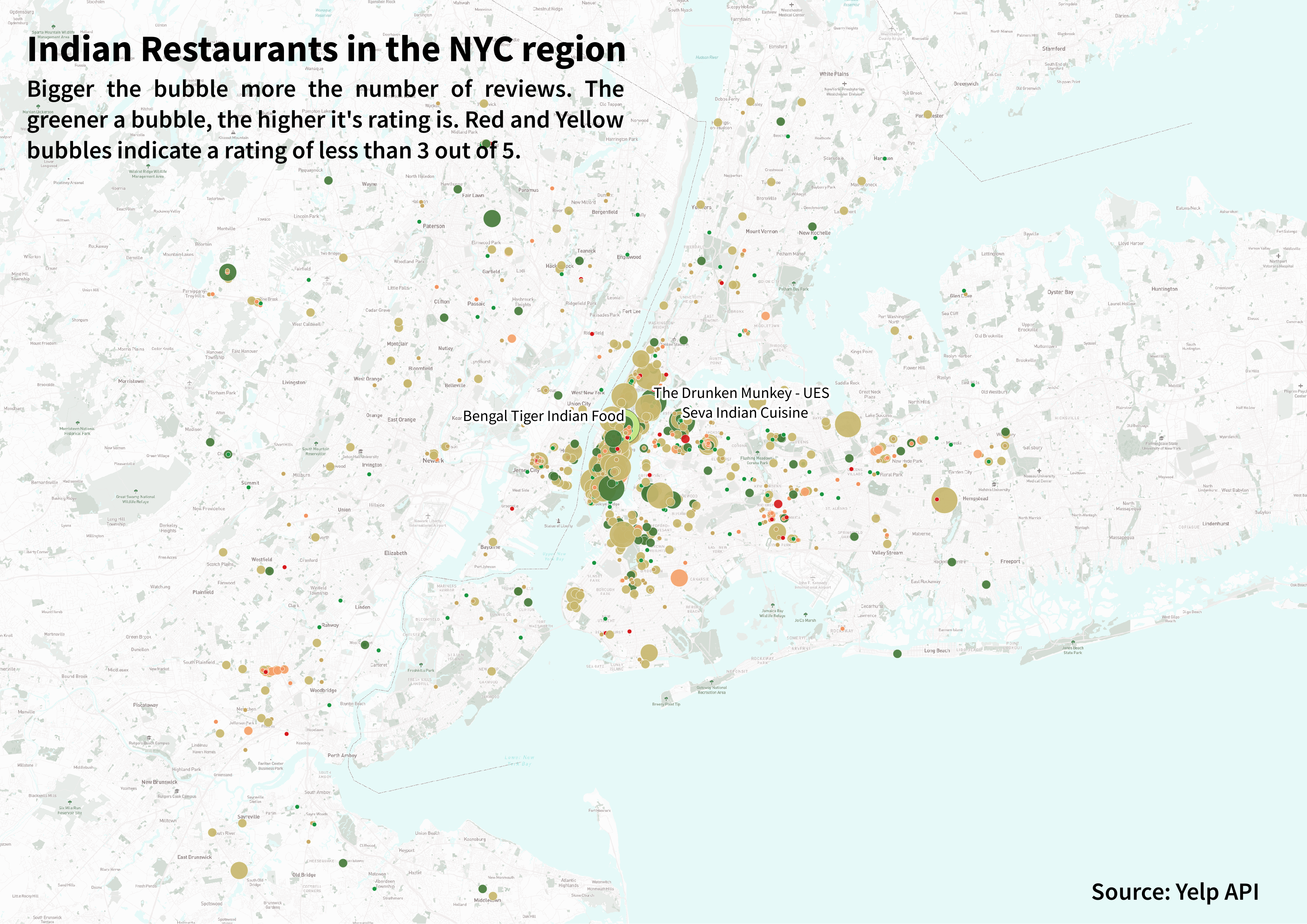 A Map of Indian Restaurants in the Tri State Area. Most of these restaurants are concentrated in Downtown Manhattan, Jackson Heights in Queens, Edison in New Jersey